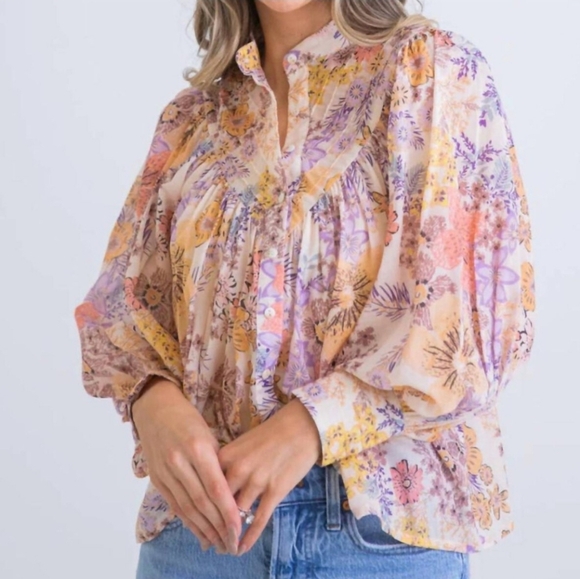Anthropologie Tops - Anthropologie Karlie Floral  Puff Sleeve BOHO Pleat Top Pastel Size Small